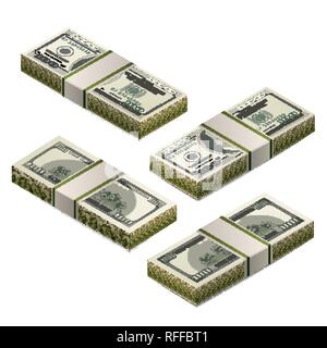 Stacks of dummy one hundred US dollars banknote, front and back detailed coupure in isometric view on white Stock Vector