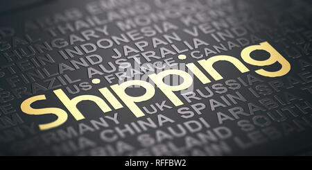 Words cloud over black background with the text shipping witten in golden letters. International shipping service concept. 3D illustration Stock Photo