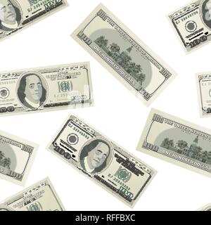 Lots of one hundred USA dollars banknotes on white background, seamless pattern Stock Vector