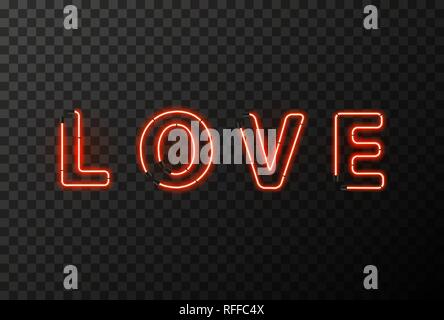LOVE word made up from bright red neon letters on transparent background Stock Vector