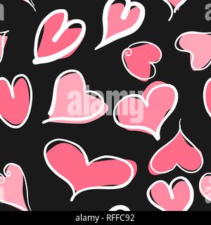 Abstract seamless pattern with hearts and black background. Valentine hearts with hand draw. Vector illustration Stock Vector