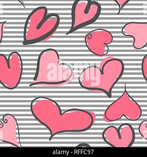 Abstract seamless pattern with hearts and striped background. Valentine hearts with hand draw. Vector illustration Stock Vector
