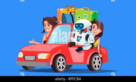 Robot And People Travelling By Car With Suitcases Vector. Autonomous Car. Isolated Illustration Stock Vector