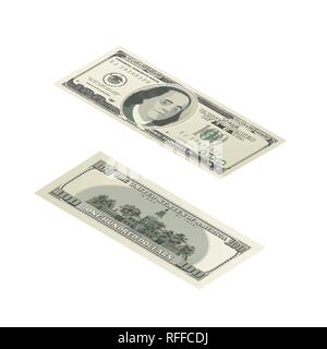 Dummy of one hundred USA dollars banknote, front and back detailed coupure in isometric view isolated on white Stock Vector