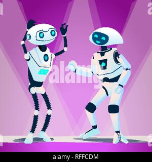 Two Robots Dancing At Disco Vector. Isolated Illustration Stock Vector