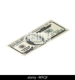 One hundred USA dollars banknote, front side detailed coupure in isometric view isolated on white Stock Vector