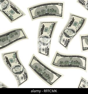 One hundred USA dollars banknotes on white background, seamless pattern Stock Vector