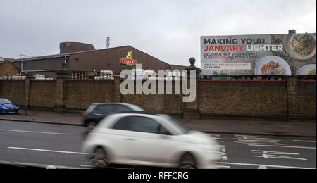 A general view of the Fullers brewery in Chiswick, west London. Fuller, Smith & Turner PLC, whose brands include London Pride, is selling its entire beer business to Asahi for £250 million. Stock Photo