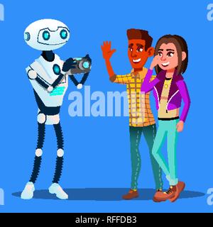 Robot Takes Pictures Of Young Happy Couple Man And Woman Vector. Isolated Illustration Stock Vector