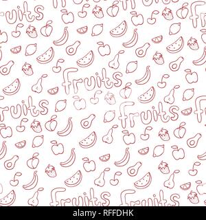 Doodle illustration of fruits. Seamless pattern with fruits. Hand drawn vector illustration made in cartoon style. Apple, banana, watermelon, peach, s Stock Vector
