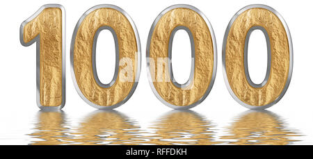 Numeral 1000, one thousand, reflected on the water surface, isolated on white, 3d render Stock Photo