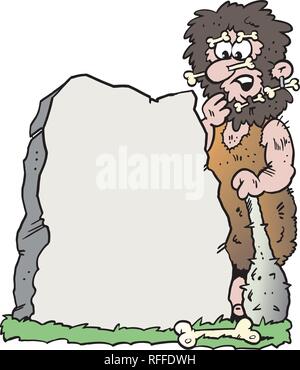 Cartoon Vector illustration of a Caveman looking at a Big Stone Stock Vector