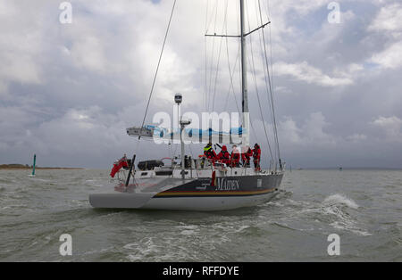 Tracy Edwards' yacht Maiden, on which she lead the first all-girl crew in the 1989 Whitbread, leaving the Hamble at the start of her 2018 world tour Stock Photo