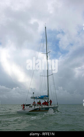 Tracy Edwards' yacht Maiden, on which she lead the first all-girl crew in the 1989 Whitbread, leaving the Hamble at the start of her 2018 world tour Stock Photo