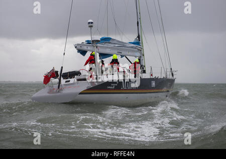 Tracy Edwards' yacht Maiden, on which she lead the first all-girl crew in the 1989 Whitbread, leaving the Hamble at the start of her 2018 world tour Stock Photo