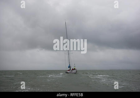 Tracy Edwards' yacht Maiden, on which she lead the first all-girl crew in the 1989 Whitbread, leaving the Hamble at the start of her 2018 world tour Stock Photo