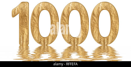 Numeral 1000, one thousand, reflected on the water surface, isolated on  white, 3d render Stock Photo