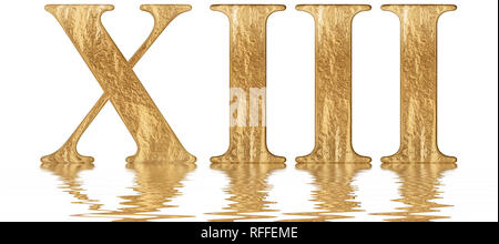 Roman numeral XIII, tredecim, 13, thirteen, reflected on the water surface, isolated on  white, 3d render Stock Photo