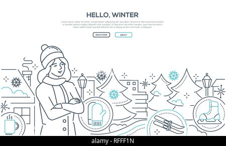 Hello, winter - modern line design style web banner Stock Vector