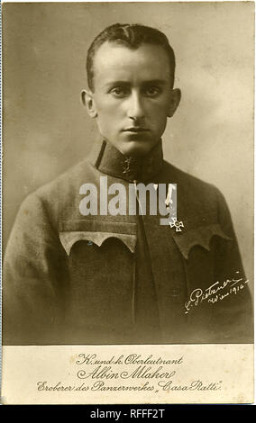 Portrait of Albin Mlakar, Slovenian officer in the Austro-Hungarian army, * February 25, 1890, Planina, † July 21, 1946, Maribor. In the First World War, it was on the eastern front, and from February 1916 until the end of the war, it was in the Isonzo battlefield. In May 1916, as a lieutenant of engineering units, he captured the Casa Ratti fortress, and in September of the same year he threw out Italian military positions on Monte Cimone near Arsiero, and in October 1917 he also destroyed the fortresses at Kal in the Krn Mountains Stock Photo