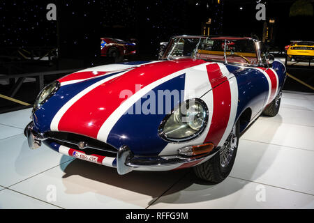 BRUSSELS - JAN 18, 2019: Jaguar E Type 1967 vintage sports car showcased at the 97th Brussels Motor Show 2019 Autosalon. Stock Photo