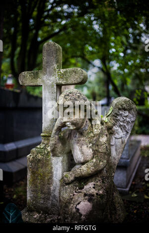 Angel child and cross stone sculpture from 19th century in old necropolis, Rakowicki Cemetery established in 1803 in Krakow, Poland. Stock Photo