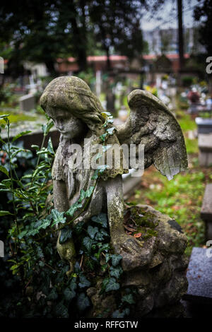 Sorrowful little angel sculpture with broken wing from 19th century in Rakowicki Cemetery, established in 1803 in Krakow, Poland Stock Photo
