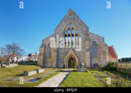 Front facade of the ruins of the Royal Garrison Church in Old Portsmouth, UK, bombed a fire raid in 1941 in World War II Stock Photo