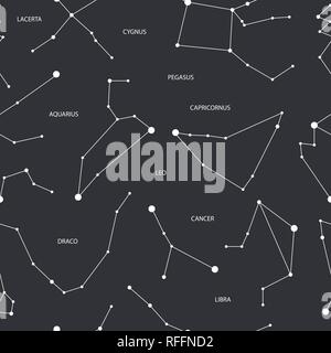 Vector Seamless pattern with white constellations on graphite grey background. Stock Vector