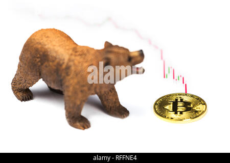 Cryptocurrency Bitcoin price crash and drop as a bear trend concept on a white background Stock Photo
