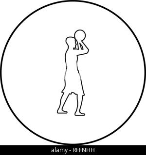 Basketball player throws a basketball Man shooting ball side view icon black color outline vector I flat style simple image in circle round Stock Vector