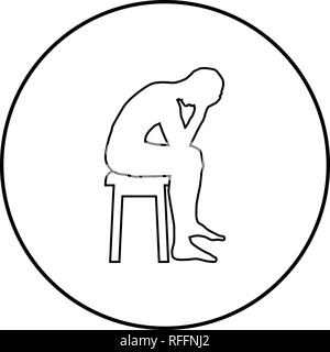 Man holding his head concept problem silhouette Sitting no seat icon black color outline vector I flat style simple image in circle round Stock Vector