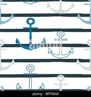 Vector blue anchors repeat seamless pattern on white whith grey strip background. Stock Vector