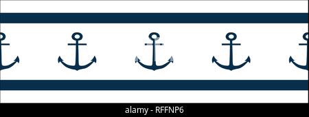 Vector blue anchors on white background repeat seamless border. Stock Vector