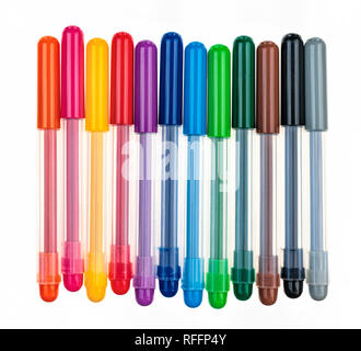 group of multicolored pens in a row Stock Photo