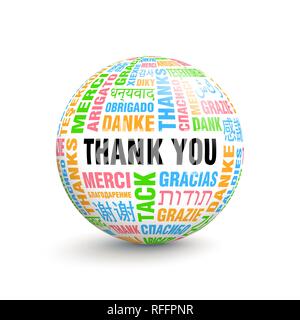 3D volumetric ball with words Thanks in different languages of the world. Vector illustration with keywords Stock Vector