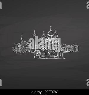 Tallinn Estonia signs on blackboard. Digital chalk drawn vector sketch on blackboard. European capitals destinations. Stock Vector
