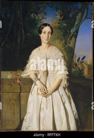 Comtesse de La Tour-Maubourg (Marie-Louise-Charlotte-Gabrielle Thomas de Pange, 1816-1850). Artist: Théodore Chassériau (French, Le Limon, Saint-Domingue, West Indies 1819-1856 Paris). Dimensions: 52 x 37 1/4 in. (132.1 x 94.6 cm). Date: 1841.  This likeness of the wife of the French ambassador to the Vatican expresses Chassériau's subtle defiance of J. A. D. Ingres, his teacher. He subverted Ingres's approach by casting a melancholic mood over the picture, by banishing bright colors, and by abandoning the master's meticulous naturalism and smooth polish for a stylized and painterly depiction  Stock Photo