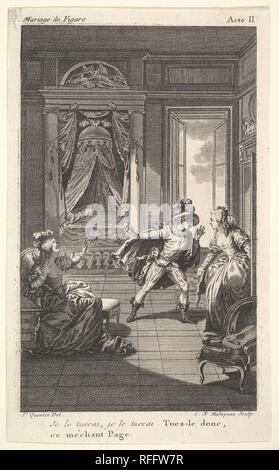 A man leans toward a woman standing in a doorway at right, at left a seated woman raises both hands, a canopied bed beyond, from a series of five illustrations after Jacques Philippe Joseph de Saint-Quentin for 'The mad day, or the marriage of Figaro' (La Folle journée, ou le mariage de Figaro) by Pierre Augustin Caron de Beaumarchais. Artist: After Jacques Philippe Joseph de Saint Quentin (French, born Paris, 1738); Claude Nicolas Malapeau (French, Paris 1755-1803 Paris). Dimensions: sheet: 6 7/16 x 3 15/16 in. (16.4 x 10 cm). Series/Portfolio: Five illustrations after Jacques Philippe Joseph Stock Photo