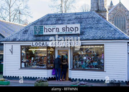 Local souvenir shop, The Horn Shop in the village of Braemar, Aberdeenshire, Scotland, UK Stock Photo