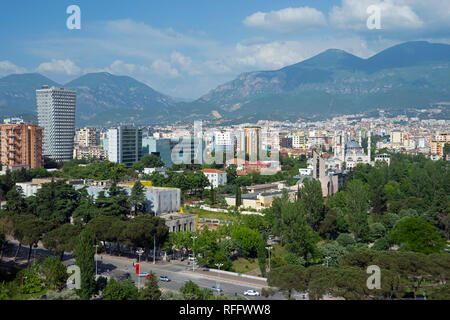 City view, city centre with TID Tower and Great Mosque, view from Sky Tower, mountains in the back, Tirana, Albania Stock Photo