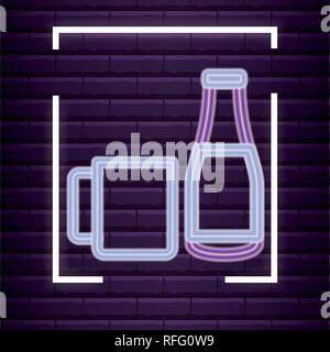 mug and drink bottle over purple background, colorful neon design.  vector illustration Stock Vector