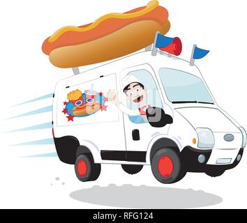 a vector cartoon representing a funny and decorated hot-dog van, with a hot dog and french fries logo, driven by a cheerful man cheering and smiling a Stock Vector