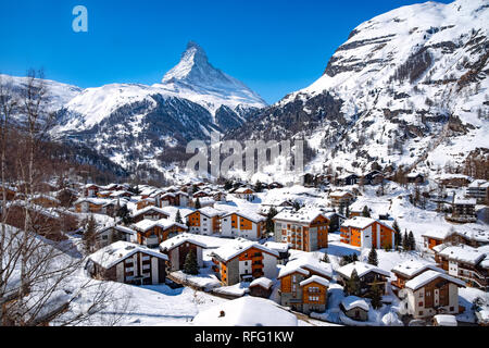 Aerial View on Zermatt Valley and Matterhorn Peak Stock Photo