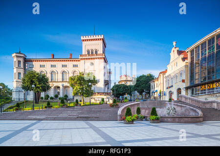 BIELSKO-BIALA, Poland. 01 august 2015. Sulkowski Castle and fountain on Chrobry Square in Bielsko-Biala Stock Photo