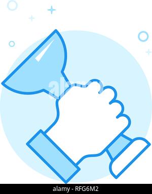 Hand with Trophy Flat Vector Icon. Hand Holding Trophy Cup Symbol, Pictogram, Sign. Light Flat Style. Blue Monochrome Design. Editable Stroke. Stock Vector