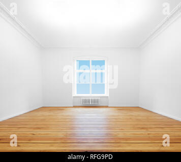 empty room with window, wooden board floor in renovated flat Stock Photo
