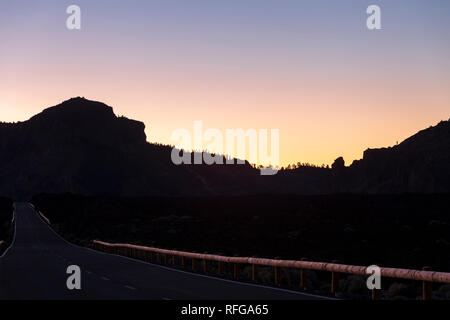 Pre dawn looking south along the TF38 road through the Las Canadas del Teide national park on Tenerife, Canary Islands, Spain Stock Photo