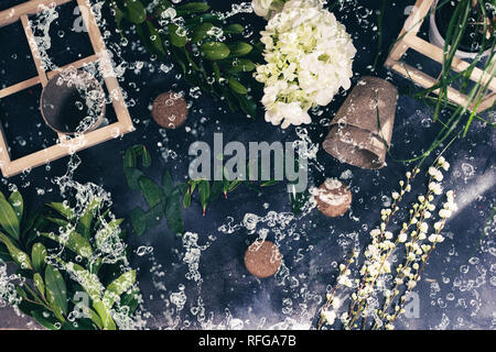 Gardening. Pot of plant on a texture table. To work in the garden. spring planting plants. green sprout seeds Stock Photo