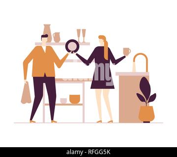Couple washing dishes - flat design style colorful illustration Stock Vector